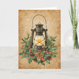 Cartão Vintage lantern holly pine rustic festive warm 
