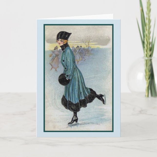 Cartão Vintage - Linda Lady Ice Skating, (Frente)