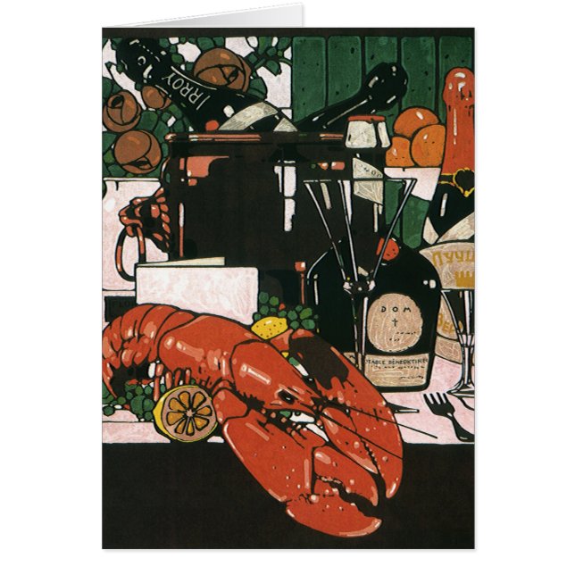Cartão Vintage Lobster Champagne; Partido Elegante Rico (Frente)