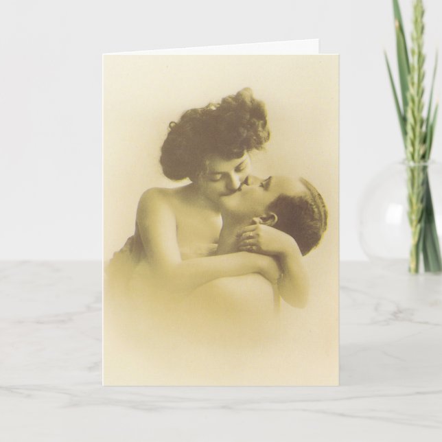 Cartão Vintage love couple kissing sepia illustration (Frente)