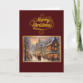 Cartão Vintage Merry Christmas with Snowy Town Card