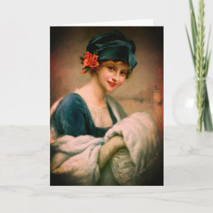 Cartão Vintage mulher em pele de mão muff retrato de inv