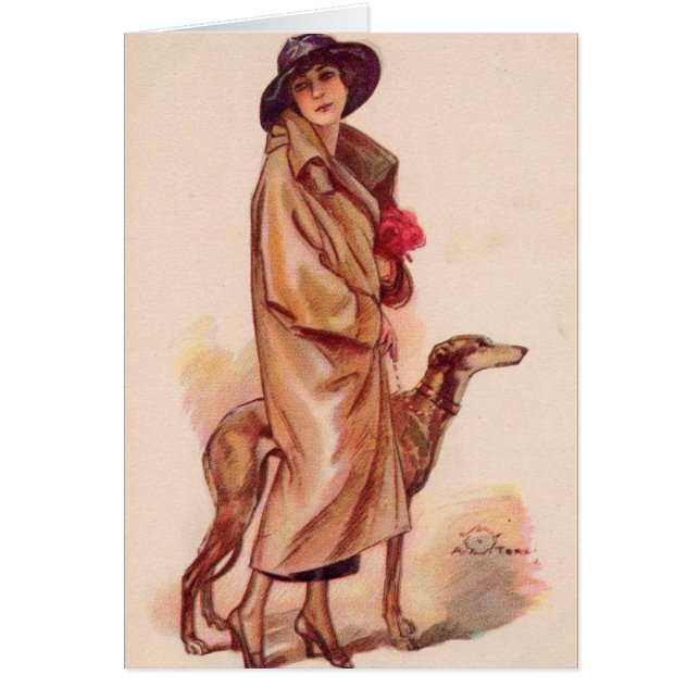 Cartão Vintage - mulher Na moda com Greyhound, (Frente)