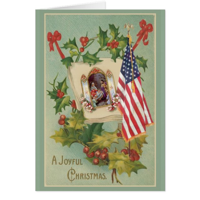 Cartão Vintage Natividade Holly Berries American Flag (Frente)