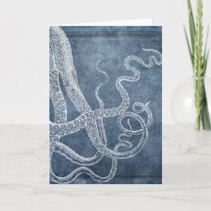Cartão Vintage Octopus Twilight Blue Denim Watercolor