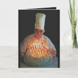 Cartão Vintage over-the-hill candles cake birthday card<br><div class="desc">The image on this card shows a chef with a birthday cake and many candles.</div>