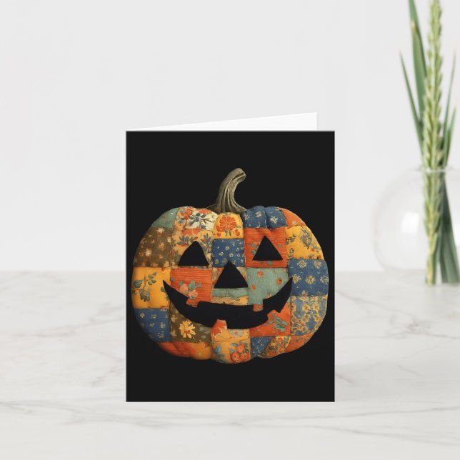 Cartão Vintage Patchwork Pumpkin Quilado Halloween Queda  (Frente)