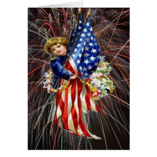 Cartão Vintage Patriotic Child and Fireworks