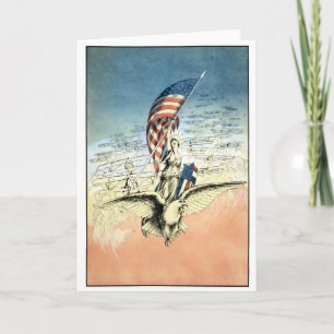 Cartão Vintage Patriotic, Lady, Águia com Bandeira Ameri