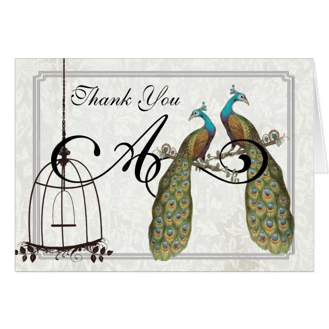 Cartão Vintage  Peacocks Bird Cage Wedding Invitations (Frente horizontal)