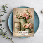 Cartão Vintage Peony Bouquet in Antique Tins<br><div class="desc">Soft pink peonies arranged in vintage metal tins with a muted botanical background. The composition features pastel tones and a shabby chic aesthetic suitable for floral, cottage, and vintage-inspired decor.</div>