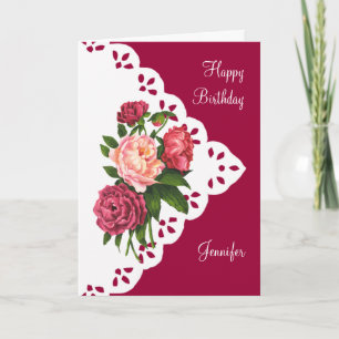 Cartão Vintage Peony Flower Nome Personalizado Aniversári
