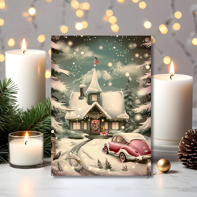 Cartão Vintage Pink Car & Snowy Cottage Holiday (A vintage holiday scene with a pink car and cozy cottage charm)