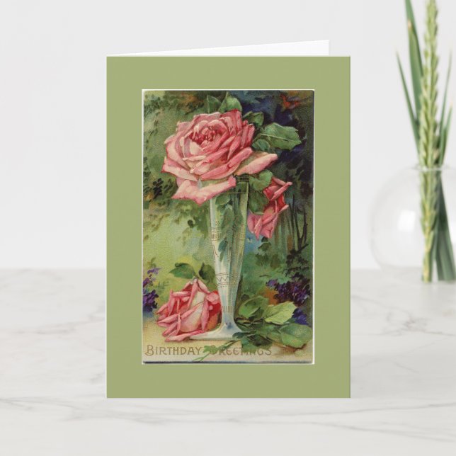 Cartão Vintage Pink Rose Green Birthday (Frente)