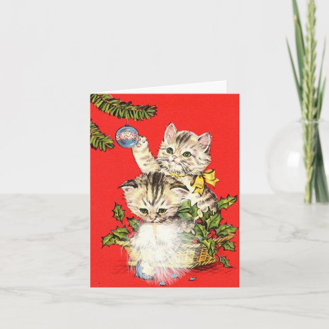 Cartão Vintage Playful Kittens com Enfeites de natal (Frente)