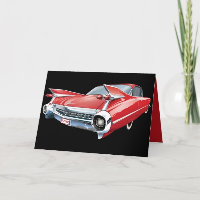 Cartão Vintage Red Car Fins e Chrome Birthday (Frente)