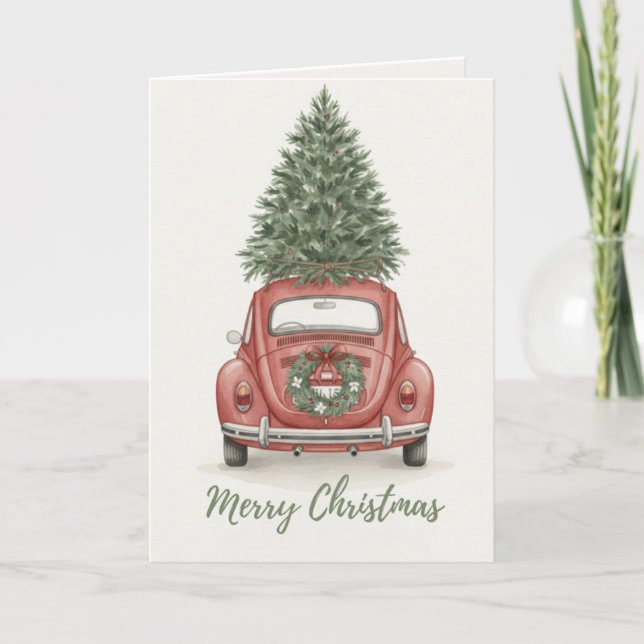 Cartão Vintage Red Car with Christmas Tree Card (Frente)