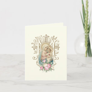 Cartão Vintage Religioso Floral de Maria e Menino
