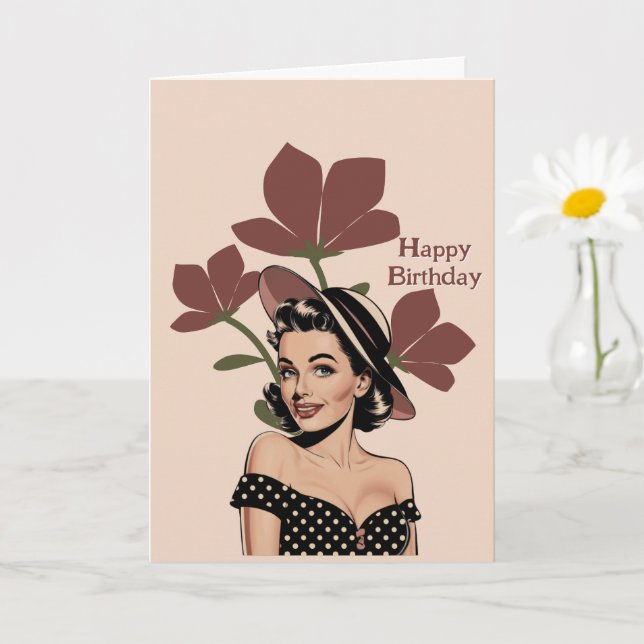 Cartão Vintage Retro pinup girl & flower,Photo Birthday (Planta pequena)