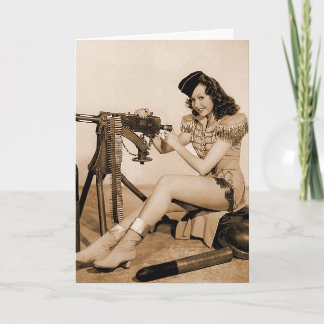 Cartão Vintage Retro Women Machine Gunner Girl (Frente)