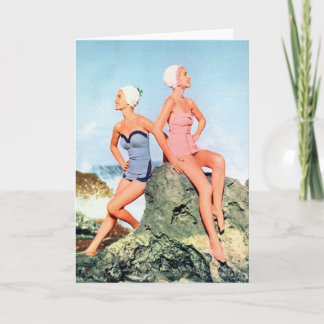 Cartão Vintage Retro Women Swimsuits and Swim Caps Too!