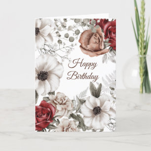 Cartão Vintage Rosa vermelha Floral Watercolor Aniversár