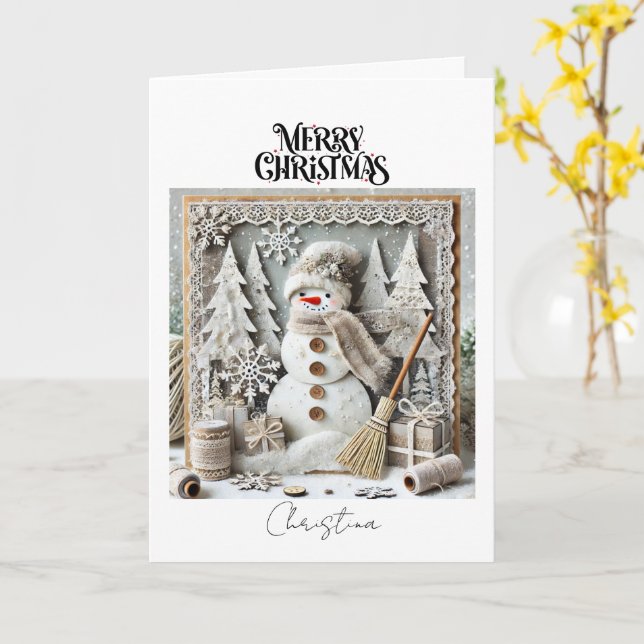 Cartão Vintage Rustic Felry Christmas Snowman (Flor Amarela)