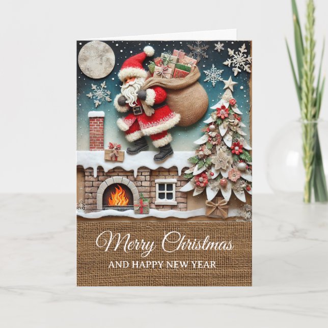 Cartão Vintage Rustic Santa Chimney Merry Christmas  (Frente)