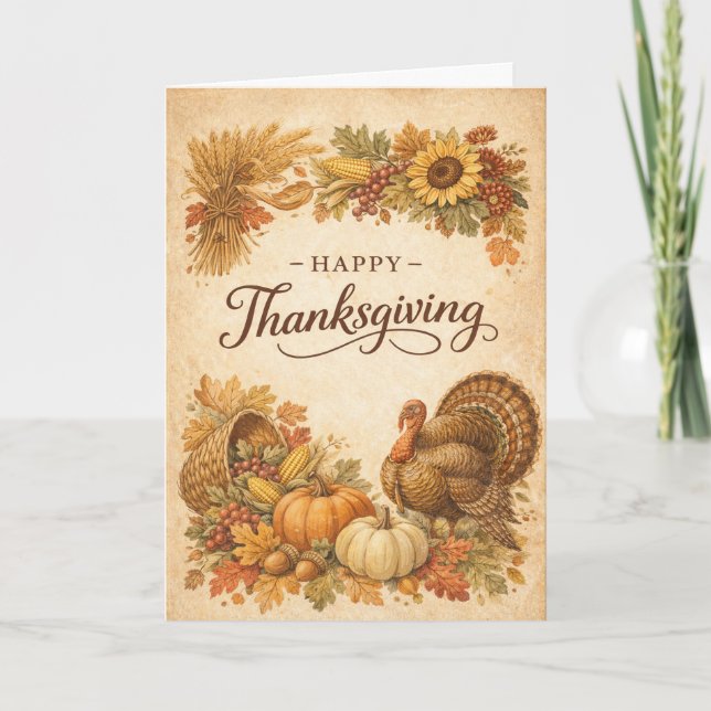 Cartão Vintage Rustic Thanksgiving Turkey Harvest  (Frente)