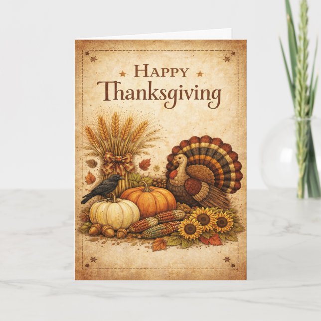 Cartão Vintage Rustic Thanksgiving Turkey Harvest  (Frente)