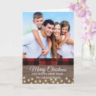 Cartão Vintage Rustic Wood Buffalo Plaid Photo Christmas 