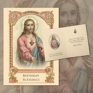 Cartão Vintage Sagrado Coração de Jesus Cristo Aniversári