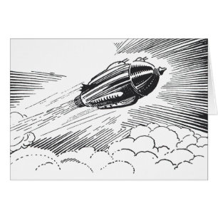 Cartão Vintage Science Ficeship Rocket in Clouds