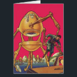 Cartão Vintage Science Ficting Alienígena Robô Captura Ho<br><div class="desc">Imagem de Vintage: aliens futuristas de ficção científica e robôs. Um clássico design de ficção científica retrógrada do futuro,  com um robô em forma de ovo segurando um homem em suas garras. Os caracteres pop num fundo rosa claro.</div>