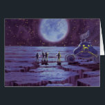 Cartão Vintage Science Ficting Earth Rover Aliens na Lua<br><div class="desc">Ilustração vintage de aliens futuristas e robôs de ficção científica apresentando um clássico design de quadrinhos de 50. Design de ficção científica retrô com astronautas alienígenas em um planeta estrangeiro com veículo espacial, lunar ou lua e olhando para a Terra e o espaço exterior e acenando. Um céu escuro com...</div>