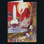 Cartão Vintage Science Fiction, a Cidade Perdida de Atlan<br><div class="desc">Vintage ilustration science fiction image apresenta mulheres alienígenas olhando para uma cidade futurista com uma fonte de água no centro, aliens com lagartos para animais de estimação, arquitetura grega ou romana e uma lua enorme ao fundo. Pode ser a cidade perdida de Atlantis! Uma cena de ficção científica retrógrada do...</div>