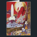 Cartão Vintage Science Fiction, a Cidade Perdida de Atlan<br><div class="desc">Vintage ilustration science fiction image apresenta mulheres alienígenas olhando para uma cidade futurista com uma fonte de água no centro, aliens com lagartos para animais de estimação, arquitetura grega ou romana e uma lua enorme ao fundo. Pode ser a cidade perdida de Atlantis! Uma cena de ficção científica retrógrada do...</div>
