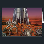 Cartão Vintage Science Fiction, Astronautas Beetle Aliens<br><div class="desc">Imagem de vintage: viagem de ficção científica futurista e imagem de foguete de transporte. Astronautas correndo até seu foguete escapando de aliens em forma de besouro em um planeta estrangeiro tentando voltar para a terra. Um clássico design de ficção científica de quadrinhos retrógrados do 50 do futuro.</div>