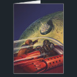 Cartão Vintage Science Fiction, Futurística City on Moon<br><div class="desc">Imagem de viagem de ilustração venenosa e ficção científica de transporte apresentando um clássico livro em quadrinhos retrô sci fi espaço e imagem planetária de astronautas ou aliens viajando em uma espaçonave voando sobre uma metrópole futurista na lua.</div>