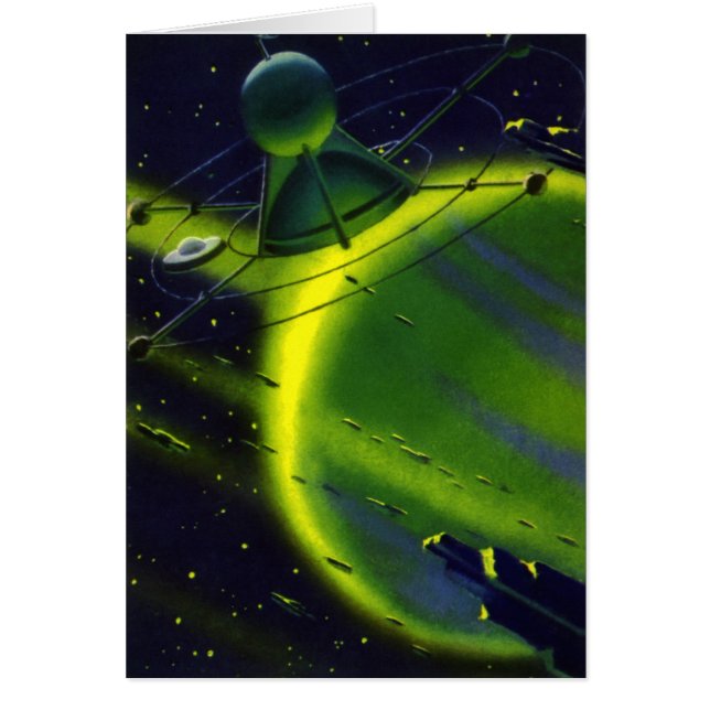 Cartão Vintage Science Fiction Green Planet w Spaceship (Frente)