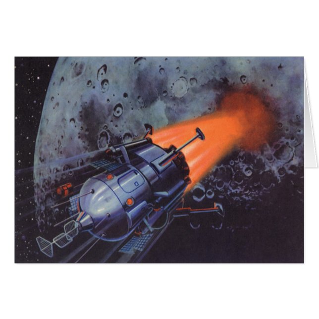 Cartão Vintage Science Fiction, Moon Rocket Off (Frente Horizontal)