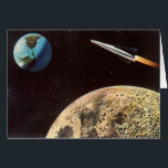 Cartão Vintage Science Fiction, Rocket Ship Over the Moon<br><div class="desc">Vintage ilustra viagem futurista e transporte Ciência Ficção imagem espacial. Um design de estilo quadrinho retrô sci fi apresentando uma nave-fogueira voando no espaço sobre a lua e voltando para a Terra do planeta no futuro.</div>