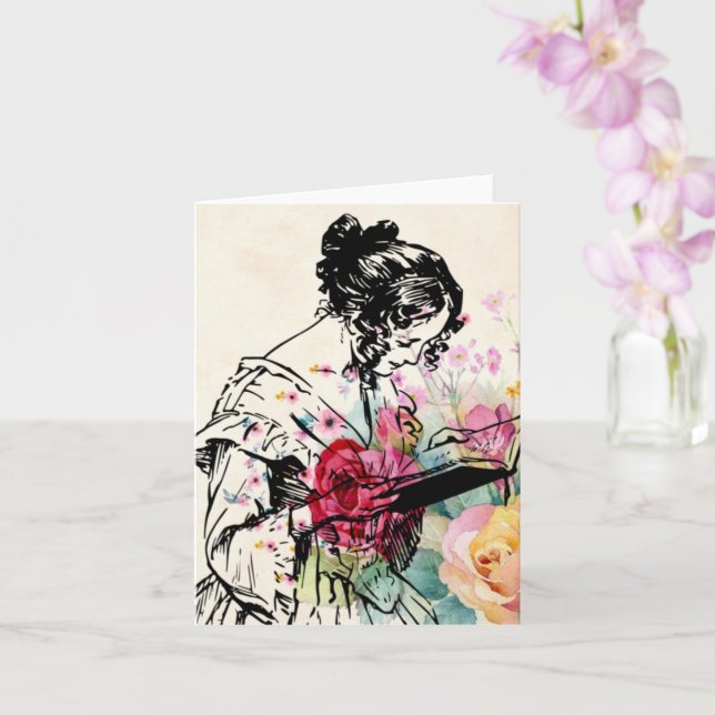 Cartão Vintage style Lady Read Book Card (Orquídea)