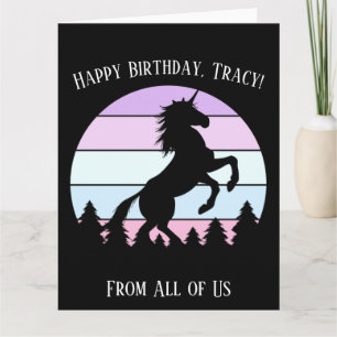 Cartão Vintage Sunset Unicorn Nome em Criação Data Aniv