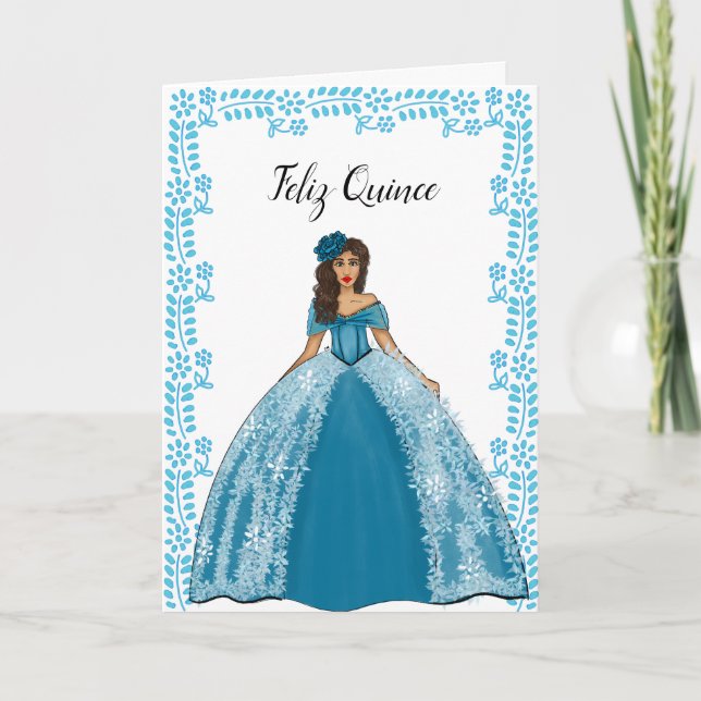 Cartão Vintage-Teal Azul Quinceanera Vestido Aniversário (Frente)