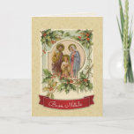 Cartão Vintage Traditional Catholic Christmas in Italian<br><div class="desc">Beautiful vintage traditional image of the Holy Family,  Jesus,  Mary,  and St. Joseph with Christmas floral decor. 
The text "buon Natale" in Italian means "Merry Christmas".  All text and fonts can be modified.</div>