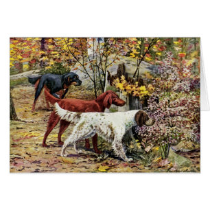 Cartão Vintage - três cães do setter nas madeiras,