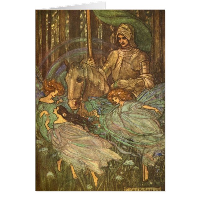 Cartão Vintage - três donzelas e um cavaleiro, (Frente)