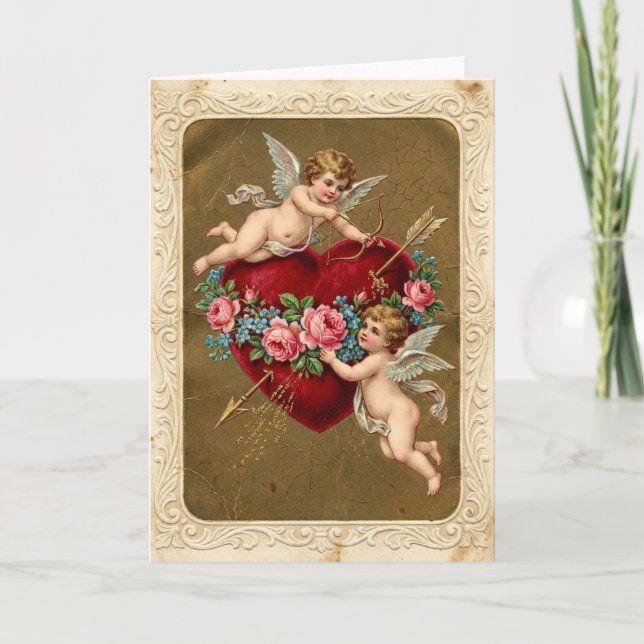 Cartão Vintage Valentines Cupid Heart Card (Frente)