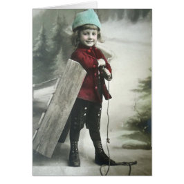 Cartão Vintage Victorian Boy com trenó